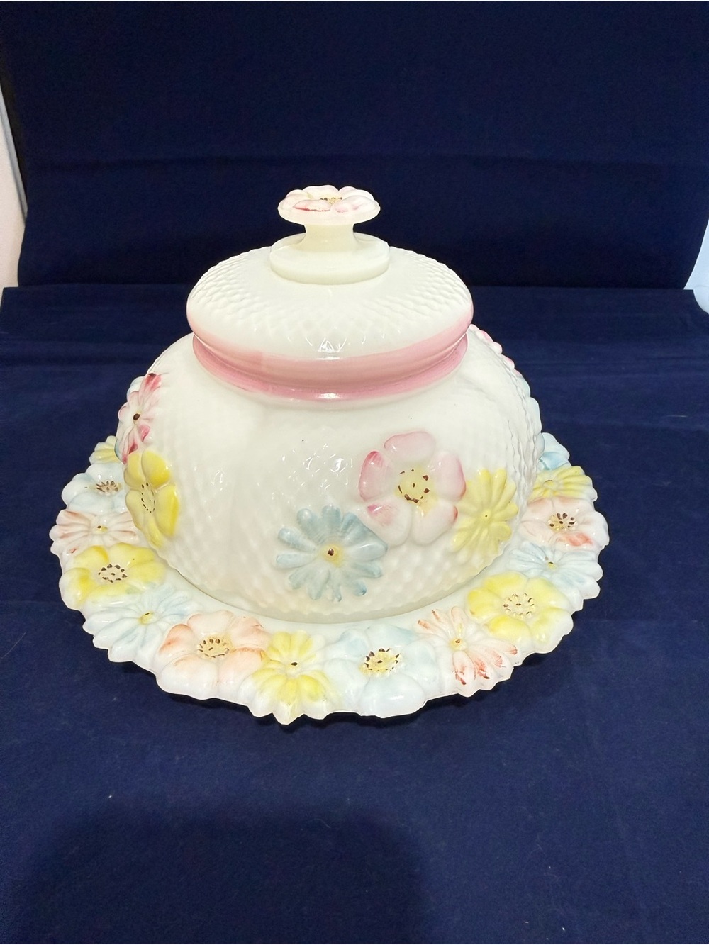 Vintage Floral Milk Glass Covered Dish in Pastel Colors